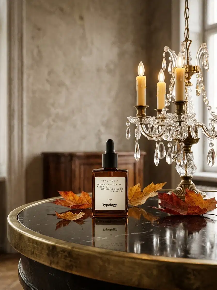 Flacon du sérum anti-imperfections Typology Acide Salicylique 2% et Zinc 1% posé sur un fond épuré.